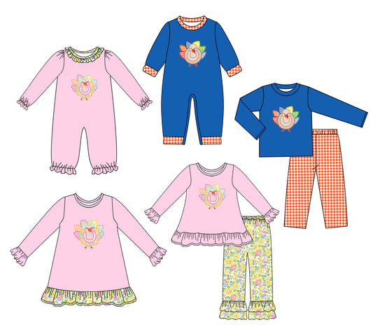 25.7.28 custom each style moq 5 eta 4-6week Sibling Sisters turkey baby girl long sleeve pants sets 1 and sets 2 and romper 1 and romper 2 and dress match family design