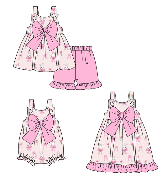 25.12.27 custom each style moq 5 eta 6-8week Sibling Sister bunny bow baby short sleeve shorts sets and romper and dress match design