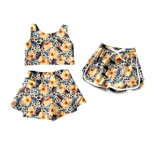 4.9 custom each style moq 5eta 4-6week Sibling Sister leopard floral baby girls clothes Short sleeve yoga dress and shorts match family design