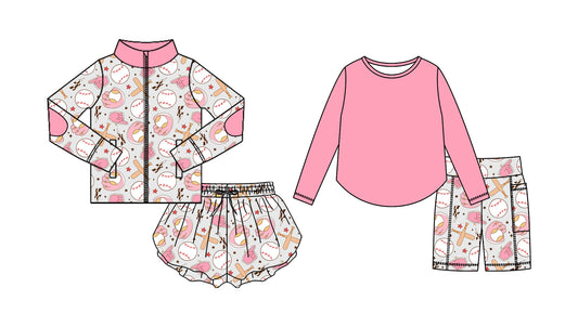 25.8.30 custom each style moq 5eta 4-6week Sibling Sisters baseball pink baby girl long sleeve shorts sets and skirts sets match family design