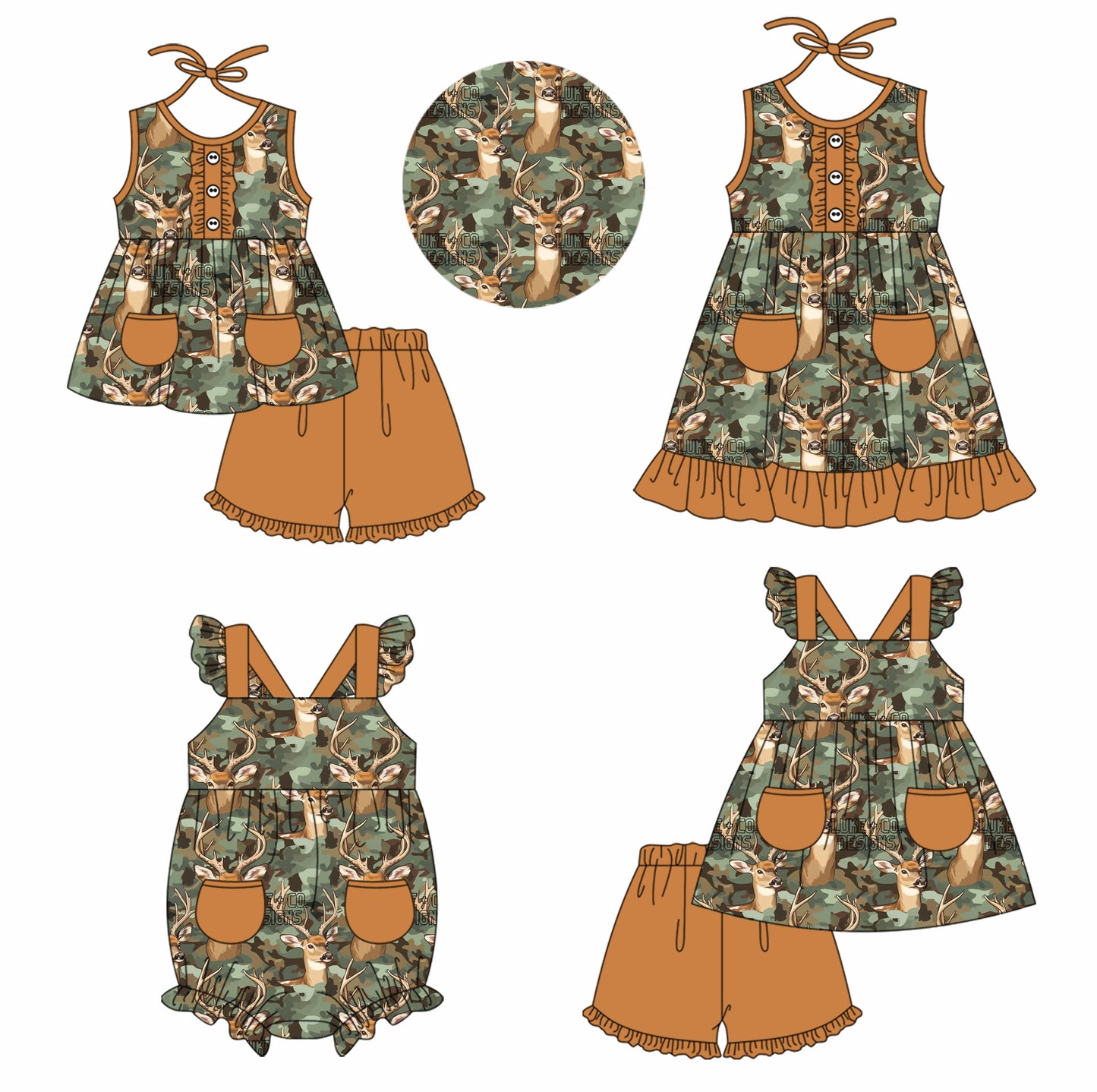 11.22 custom each style moq 5eta 4-6week Sibling Sister camouflage deer baby girl short sleeve shorts sets and sets 2 and girls romper and dress match design