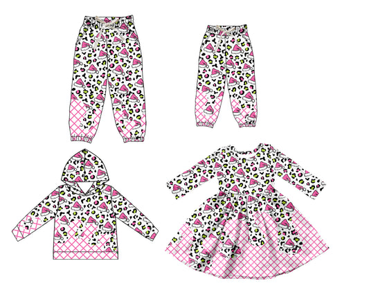 25.8.5 custom each style moq 5eta 4-6week Sibling Sister long sleeve dress and hooded top and pants and adult pant match design