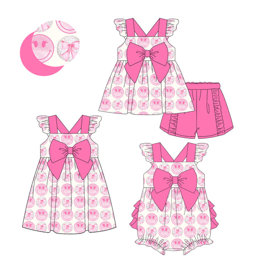 3.13 custom each style moq 5eta 4-6week Sibling Sisters smiley baby girl short sleeve shorts sets and dress and rompers match family design
