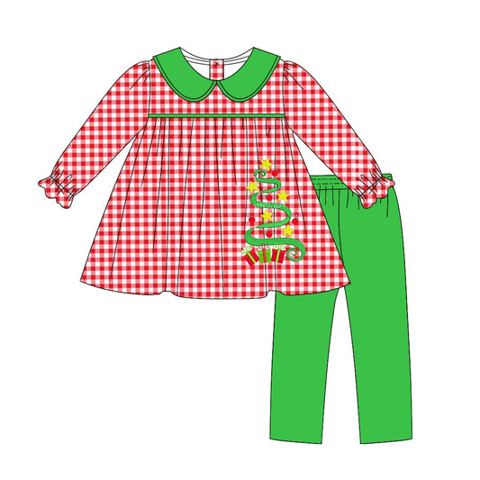 6.4 custom each style moq 5eta 4-6week Sibling Sister Christmas trees red grid green baby girls outfits and dress match family design