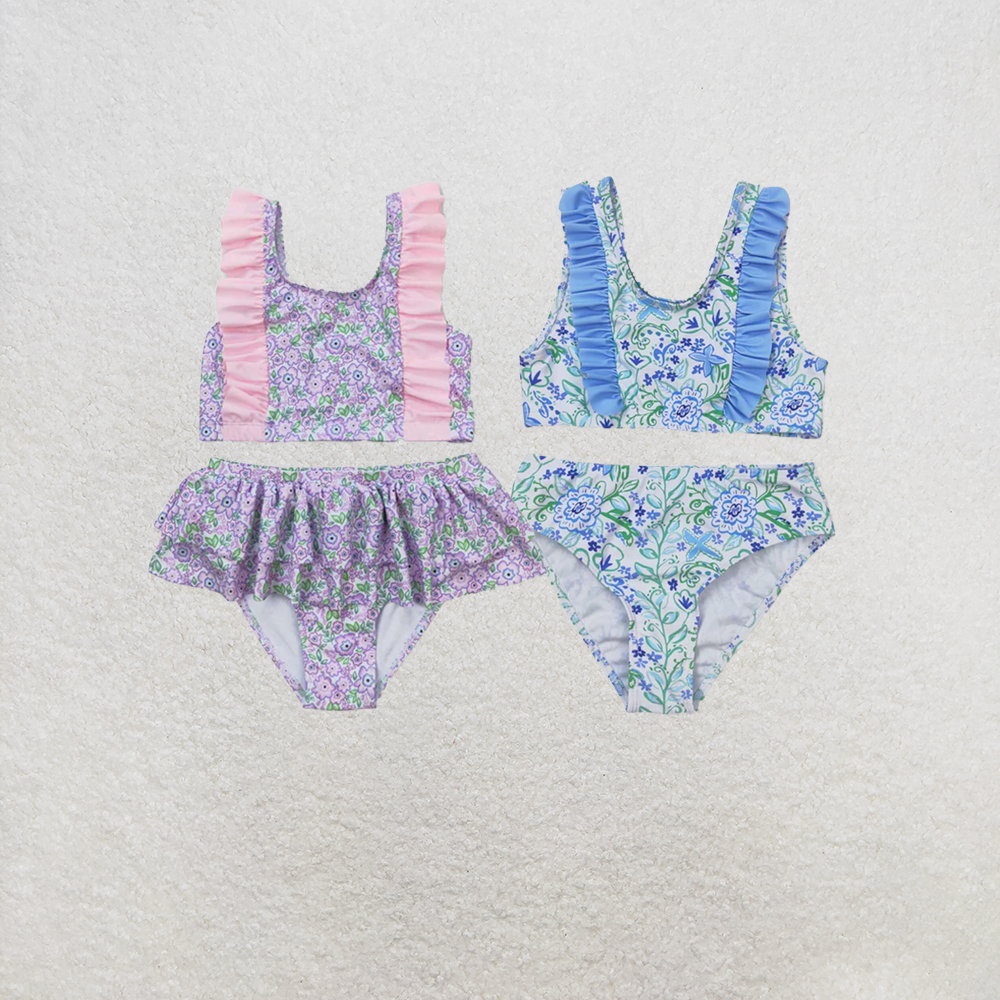 RTS NO MOQ Sibling Baby Girls Summer Lavender Flowers Sibling Sister Swimsuits