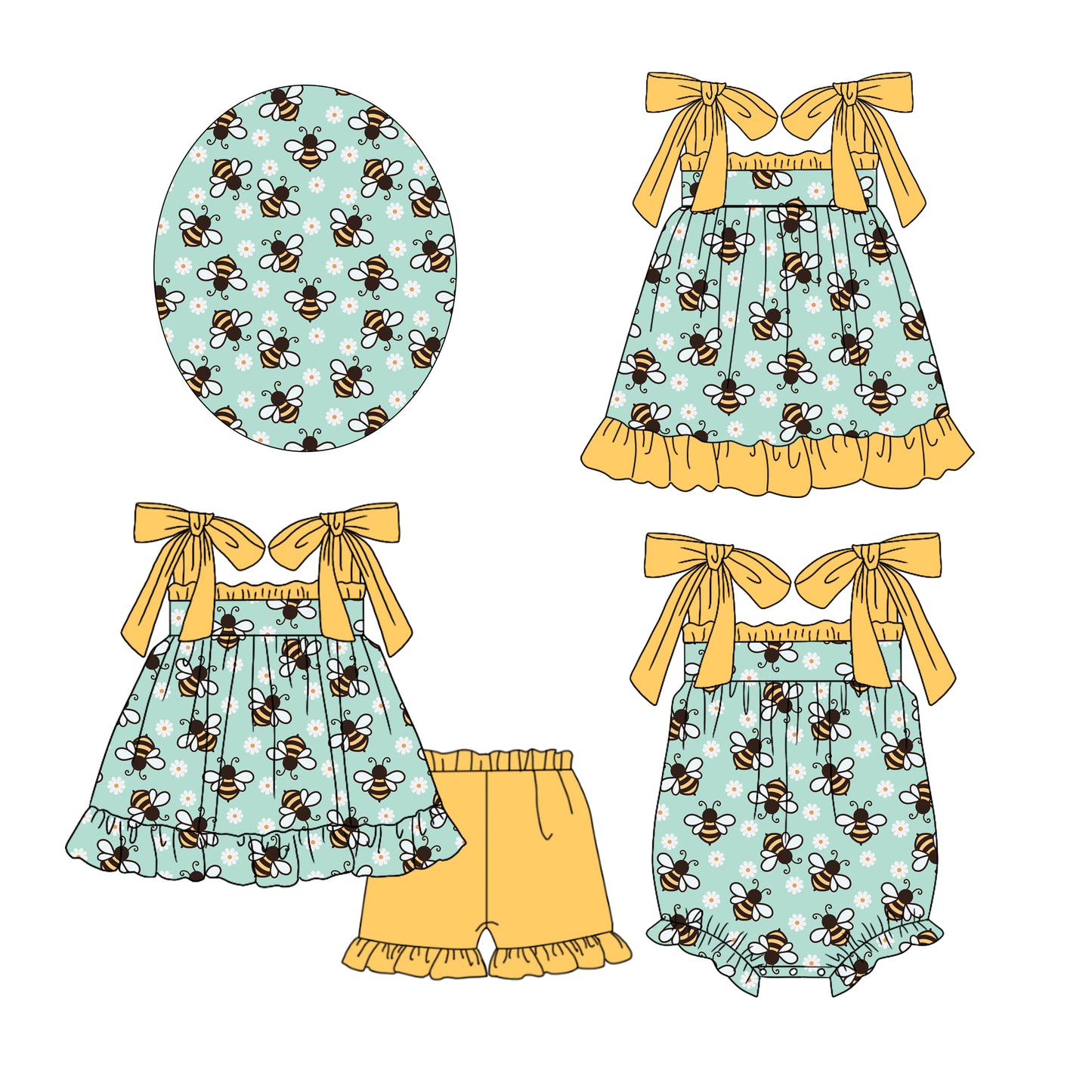 11.25 custom each style moq 5eta 4-6week Sibling Sister bee baby girl short sleeve shorts sets and dress and rompers match family design