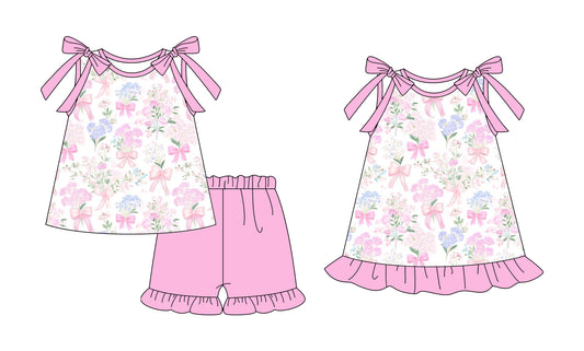 25.12.13 custom each style moq 5 eta 6-8week Sibling Sister floral bow baby short sleeve shorts sets and dress match design