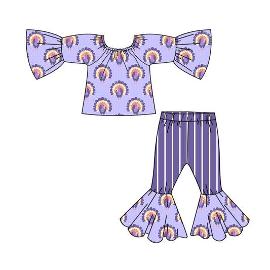 6.29 custom each style moq 5eta 4-6week girls turkey purple long sleeve striepd pants baby girls sets