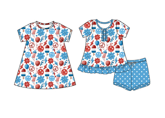 4.8 custom each style moq 5eta 4-6week Sibling Sister smiley baby girl short sleeve shorts sets and dresses match design