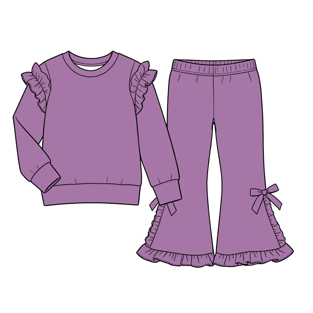 Custom moq 5  cotton fabric girls ruffle sets  solid color blank Taro-purple long-sleeved sweatshirt with ruffled trim and matching side-bow flared trousers set.