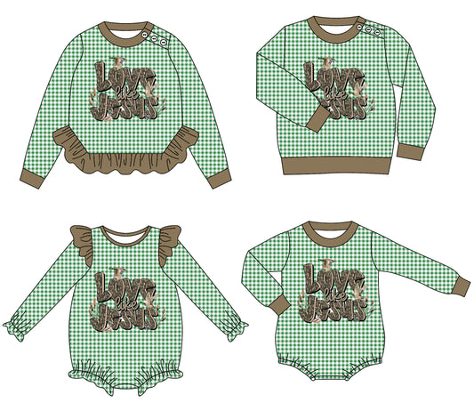 25.8.7 custom each style moq 5eta 4-6week Sibling Sisters LOVE baby girl long sleeve romper 1 and romper 2 and top 1 and top 2 match family design