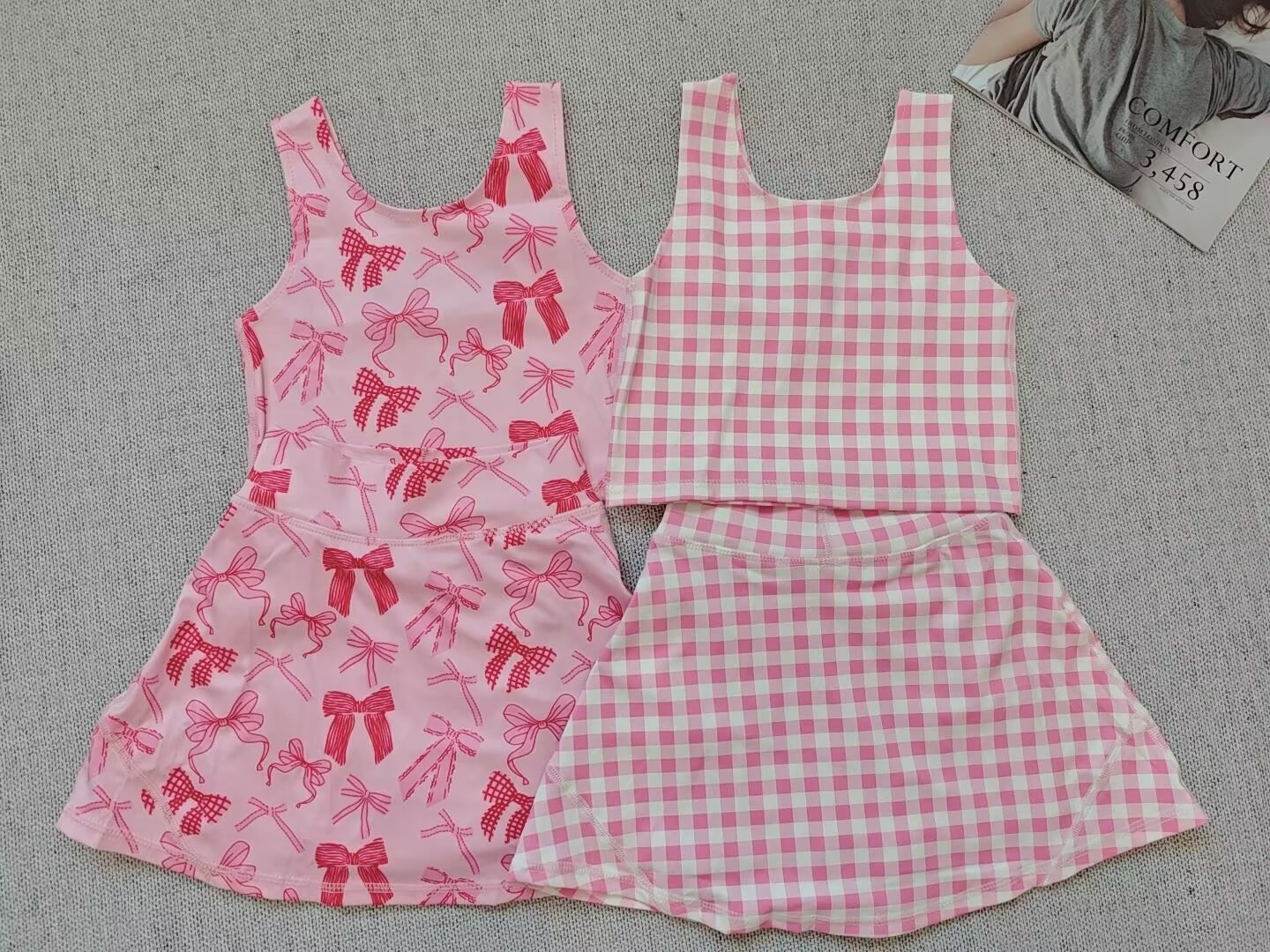 RTS NO MOQ Sibling baby girl clothes football flared orange bow pattern sleeveless skirt yoga set