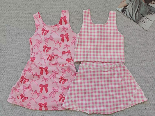 RTS NO MOQ Sibling baby girl clothes football flared orange bow pattern sleeveless skirt yoga set