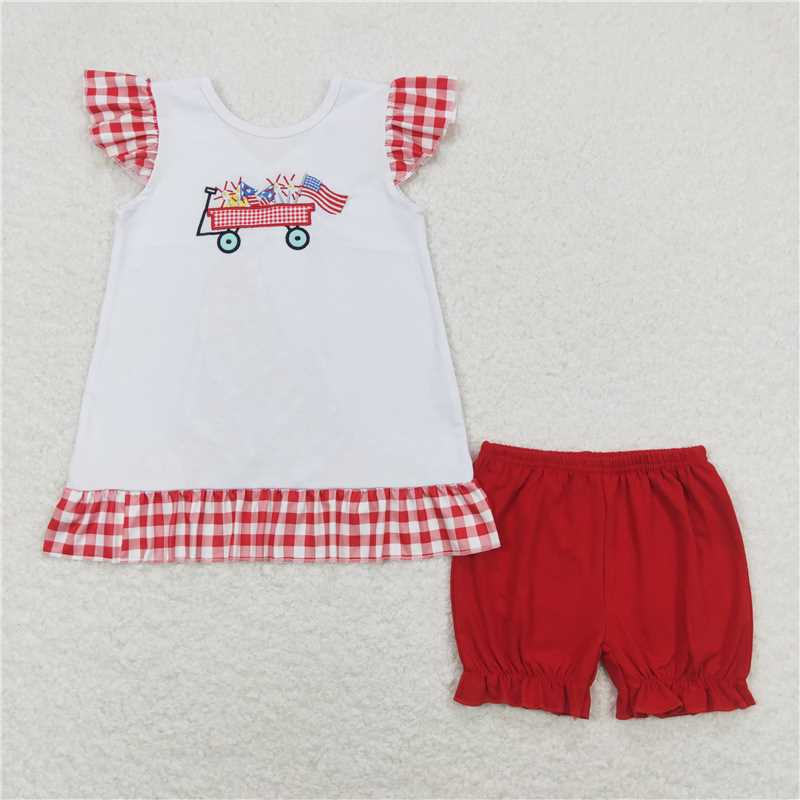 RTS NO MOQ（In Stock) Embroidery fireworks flag cart white short sleeve red plaid