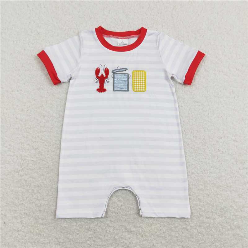 RTS NO MOQ（In Stock) Embroidered Crayfish Corn Striped White Lantern Sleeve Short Sleeve Jumpsuit