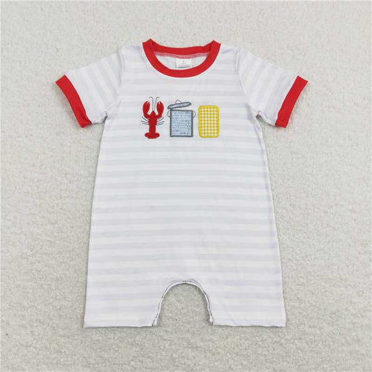 RTS NO MOQ（In Stock) Embroidered Crayfish Corn Striped White Lantern Sleeve Short Sleeve Jumpsuit