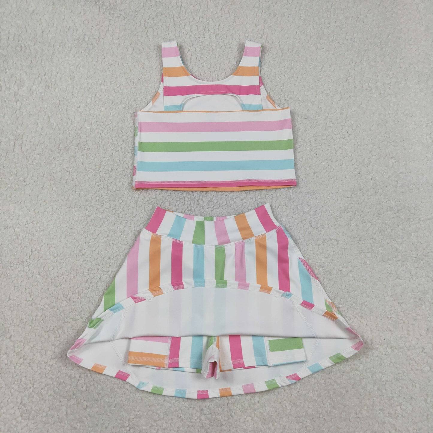 RTS NO MOQ（In Stock) GSD2348 Colorful striped white yoga vest pants skirt set