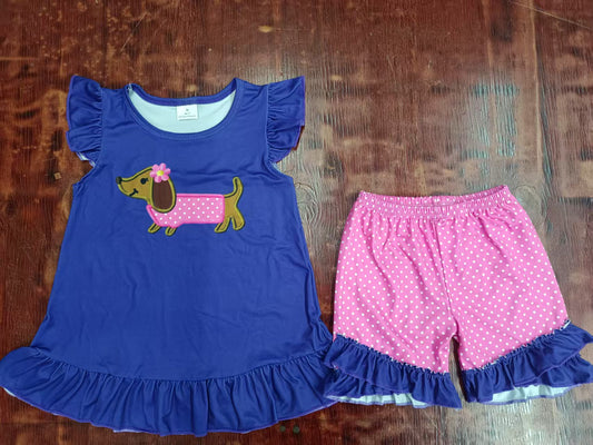 Custom moq 3 eta 6-7weeks baby girls clothes puppy blue flying sleeve shorts sets