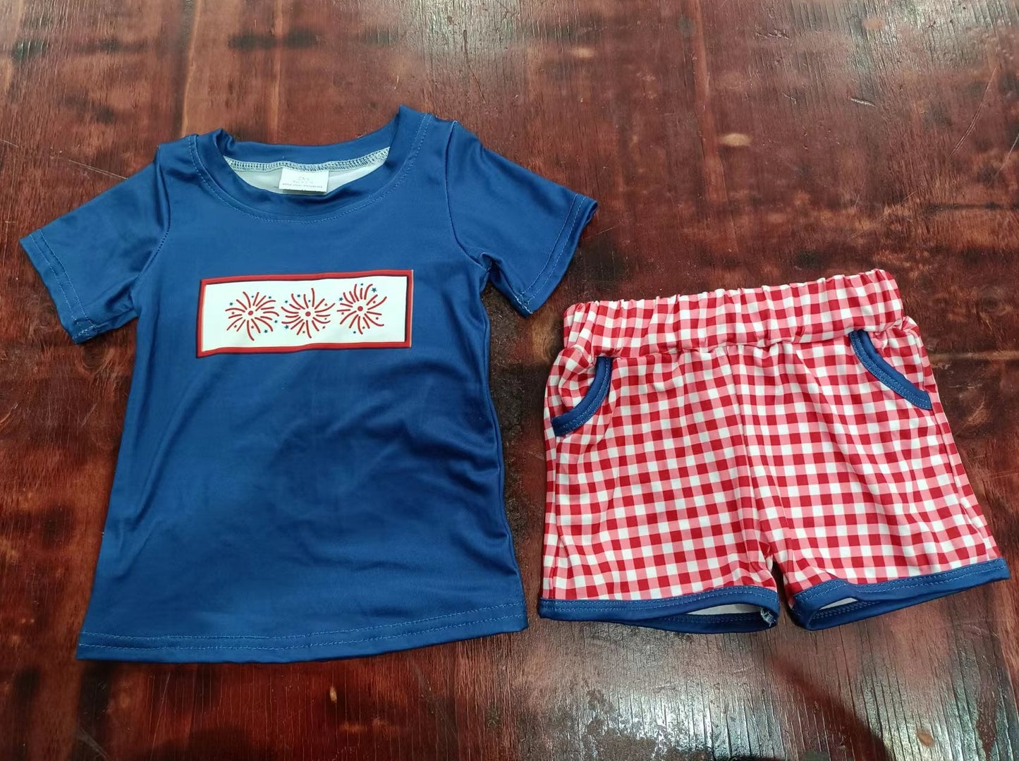 Summer boys fire navy blue red gird shorts suit