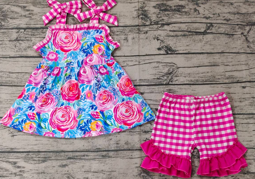 GSSO0700 pre-order Floral rose red plaid lace suspender shorts suit