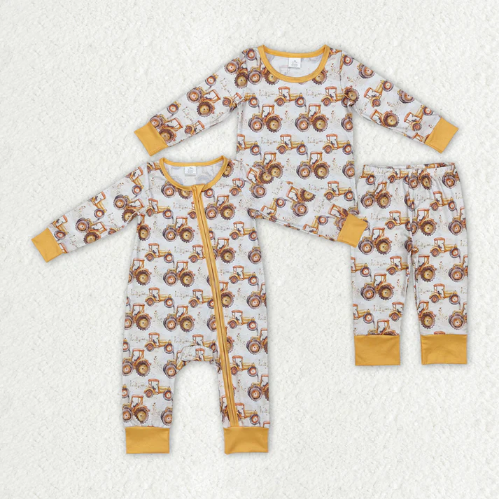 RTS NO MOQ Baby Boys Tractor yellow Rompers Pajamas sets