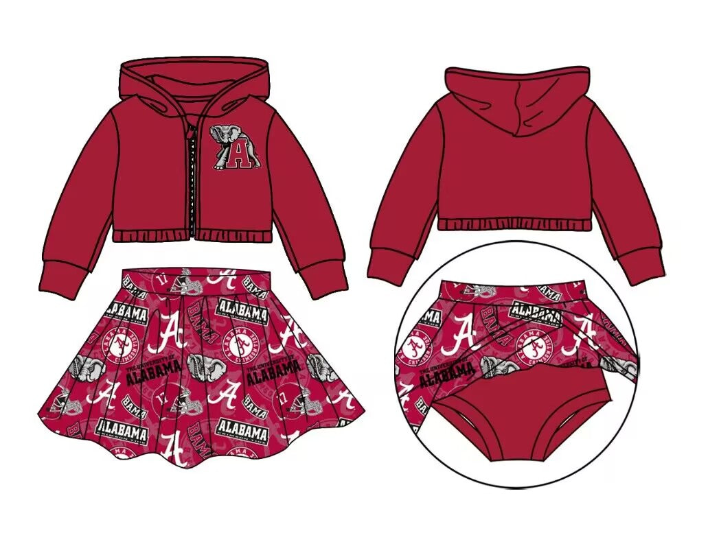 custom moq 3 eta 6-7weeks team summer baby girls clothes brick red hooded with skirts sets