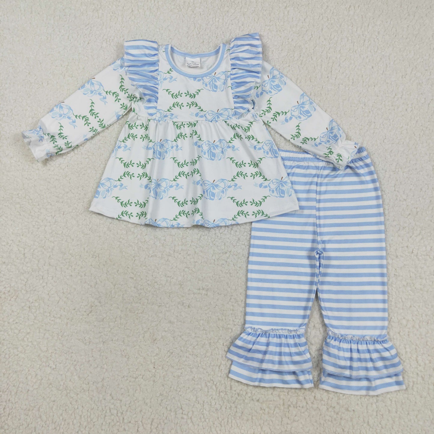 RTS NO MOQ（In Stock) GLP1548 White long-sleeved trouser suit with blue pumpkin leaf stripes and lace