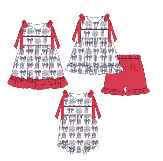 2.21 custom each style moq 5eta 4-6week Sibling Sister bow baby girl short sleeve shorts sets and dress and rompers match family design