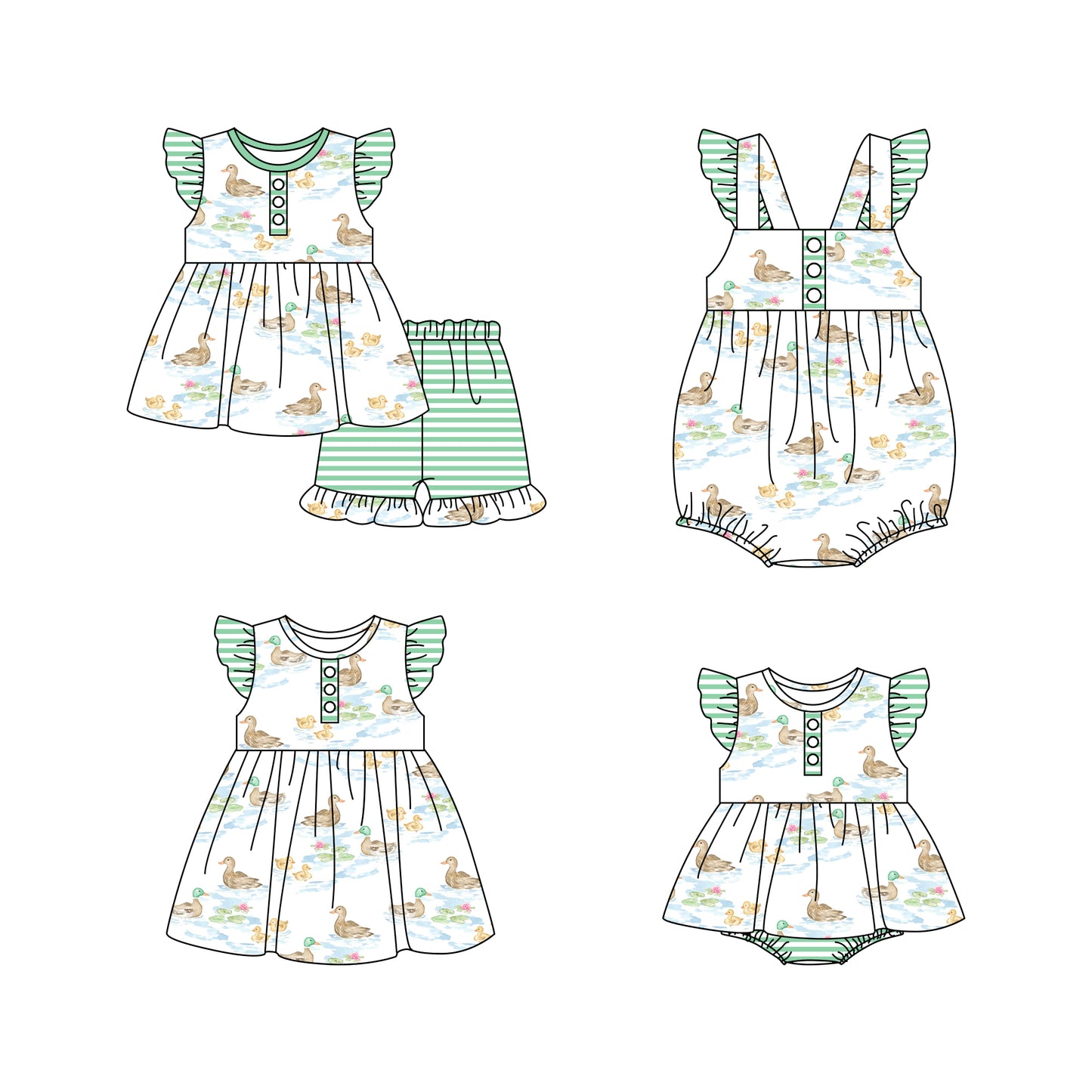 11.16 custom each style moq 5eta 4-6week Sibling Sister duck green baby girl short sleeve shorts sets and girls romper and boy romper and dress match design