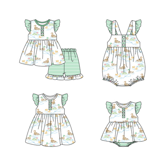 11.16 custom each style moq 5eta 4-6week Sibling Sister duck green baby girl short sleeve shorts sets and girls romper and boy romper and dress match design