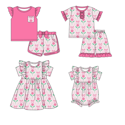 12.20 custom each style moq 5eta 4-6week Sibling Sister bow floral baby girl short sleeve shorts sets and sets 2 and girls romper and boy romper and dress match design