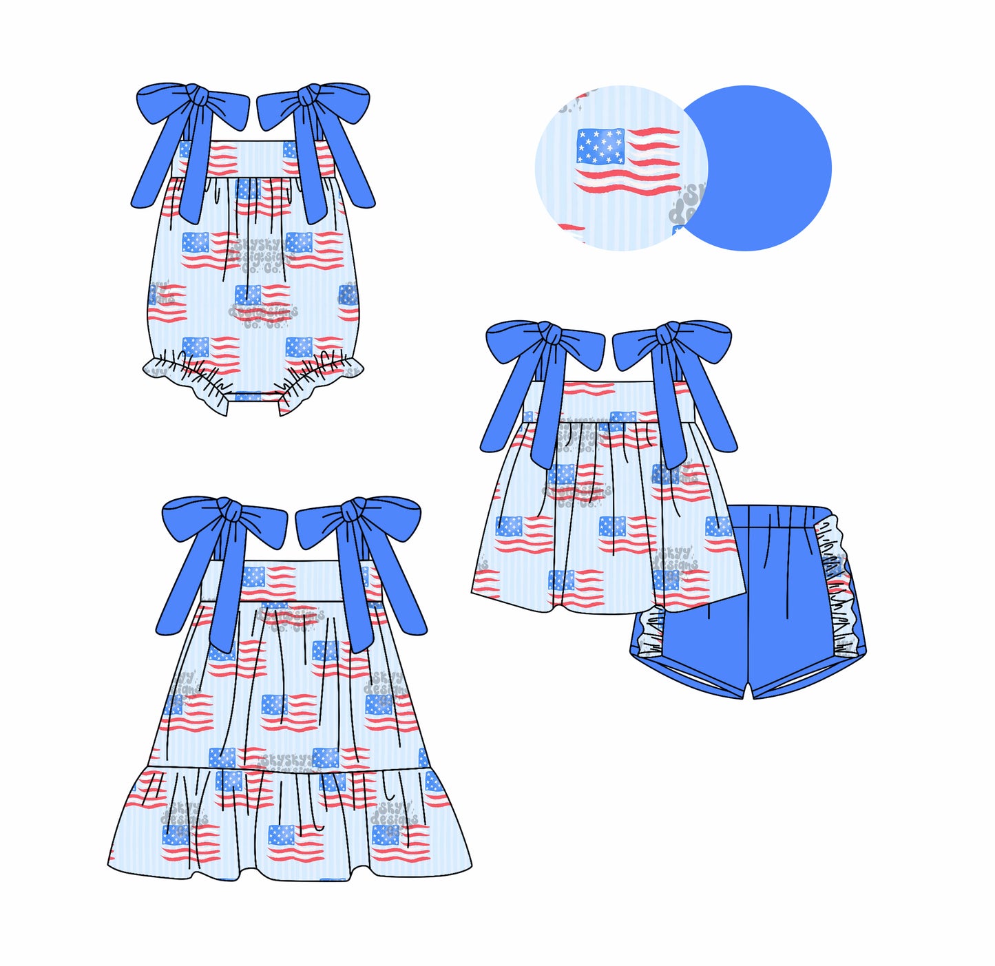 3.3 custom each style moq 5eta 4-6week Sibling Sister flag baby girl short sleeve shorts sets and dress and rompers match family design