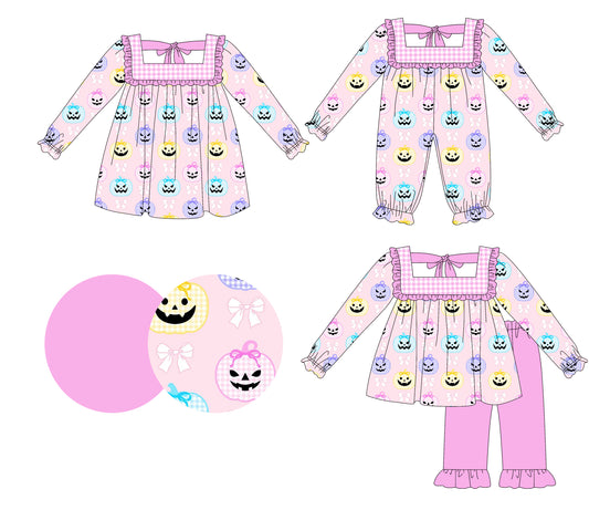 25.5.21 custom each style moq 5eta 4-6week Sibling Sisters pumpkin bow baby girl long sleeve pants sets and dress and rompers match family design