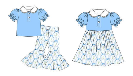 11.13 custom each style moq 5eta 4-6week Sibling Sister floral blue baby girls sets and dress match family design