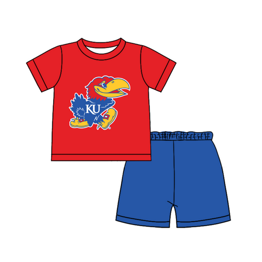 Custom moq 5 mix size milk silk summer teams Baby Boy's Red  Short-Sleeved O-Neck Top And solid color Shorts Set