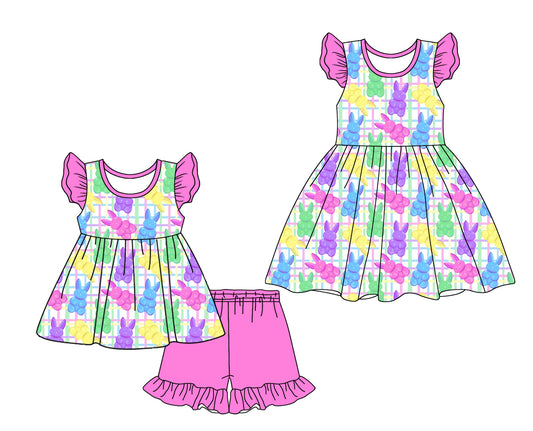 25.10.10 custom each style moq 5 eta 6-8week Sibling Sister bunny baby girl short sleeve shorts sets and dress match design
