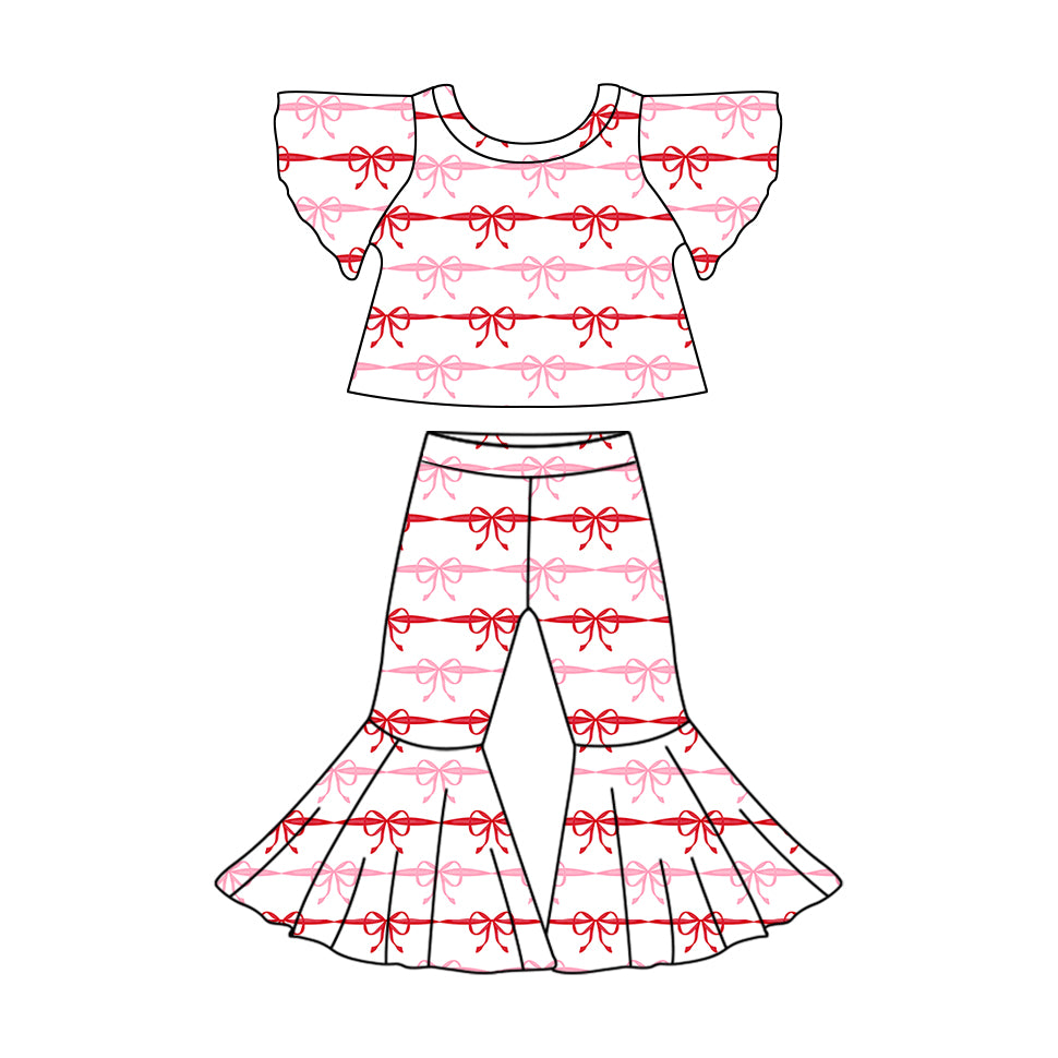 11.9 custom each style moq 5eta 4-6week Sibling Sistes bow baby girls short sleeve pants sets 1 and girl short sleeve pants sets 2 match design