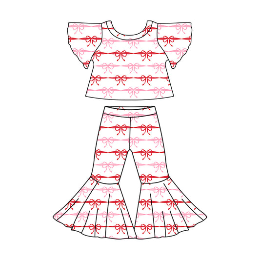 11.9 custom each style moq 5eta 4-6week Sibling Sistes bow baby girls short sleeve pants sets 1 and girl short sleeve pants sets 2 match design