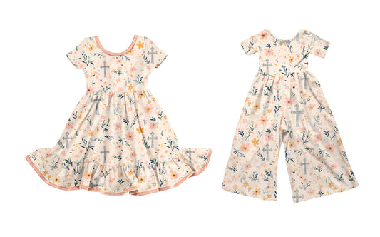 25.9.25 custom each style moq 8 eta 6-8week Sibling Sisters easter floral baby girl long sleeve dress and jumpsuit match family design