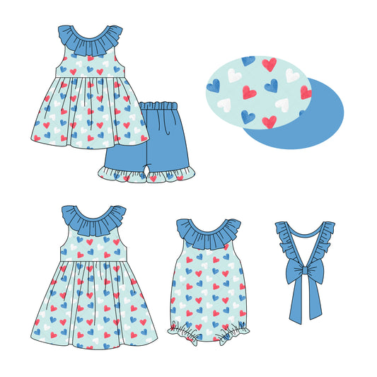 2.20 custom each style moq 5eta 4-6week Sibling Sisters love baby girl short sleeve shorts sets and dress and rompers match family design