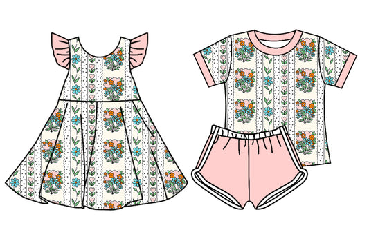 4.18 custom each style moq 5eta 4-6week Sibling Sister floral baby girl short sleeve shorts sets and dresses match design