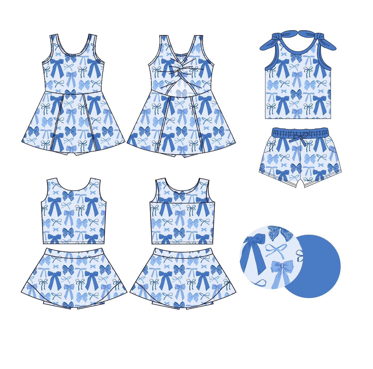 25.5.26 custom each style moq 5eta 4-6week Sibling Sister bow blue baby girl short sleeve shorts sets and skirts sets and dress match design