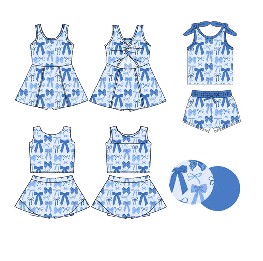 25.5.26 custom each style moq 5eta 4-6week Sibling Sister bow blue baby girl short sleeve shorts sets and skirts sets and dress match design