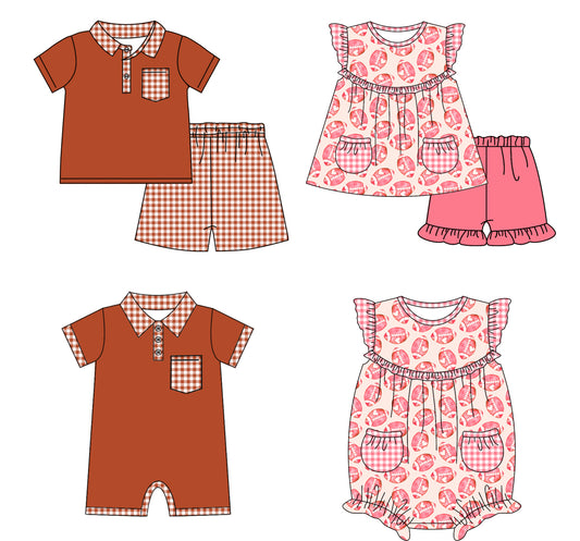 11.18 custom each style moq 5eta 4-6week Sibling Sister rugby baby girl short sleeve shorts sets and sets 2 and girls romper and boy romper match design