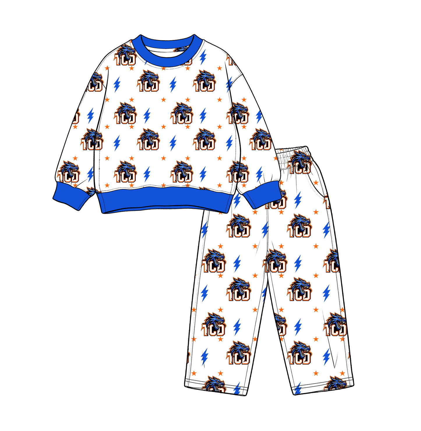 custom moq 5 mix size MSD071009 Baby Kids White Printed Long Sleeve Tops Pants Team Casual Clothes Set