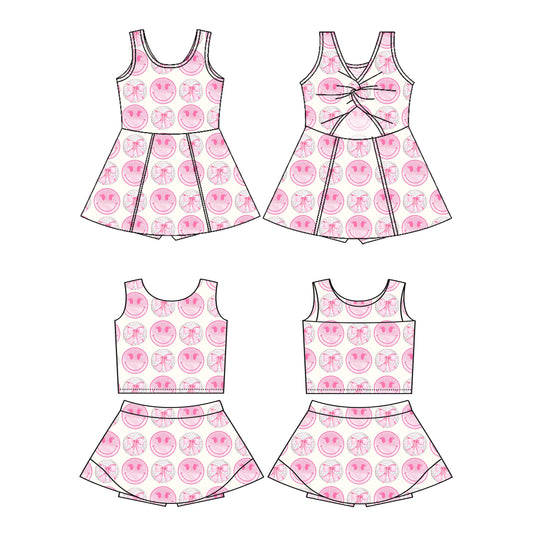 3.13 custom each style moq 5eta 4-6week Sibling Sister smiley baby girls clothes Short sleeve yoga dress 1 and dress 2 match family design