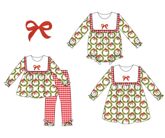 25.6.21 custom each style moq 5eta 4-6week Sibling Sisters Christmas bow baby girl long sleeve pants sets and dress and rompers match family design