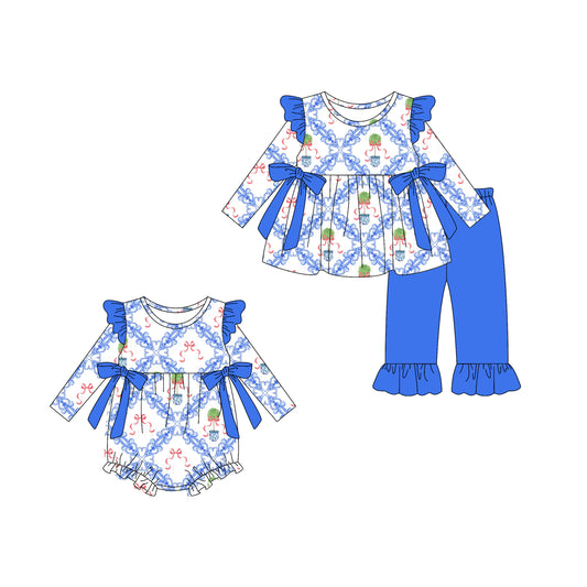 25.6.2 custom each style moq 5eta 4-6week Sibling Sisters Christmas bow blue baby girl long sleeve pants sets and rompers match family design