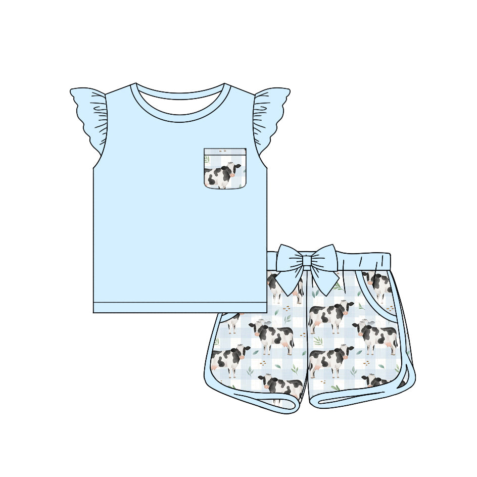 11.3 custom each style moq 5eta 4-6week Sibling Sister cow blue baby girl short sleeve shorts sets 1 and sets 2 match design