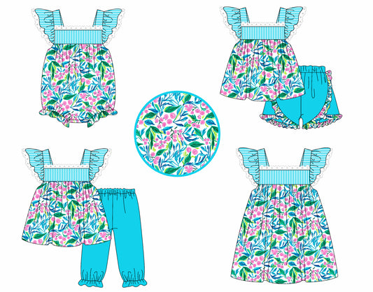 4.4 custom each style moq 5eta 4-6week Sibling Sisters floral baby girl short sleeve pants sets and shorts sets and dress and rompers match family design